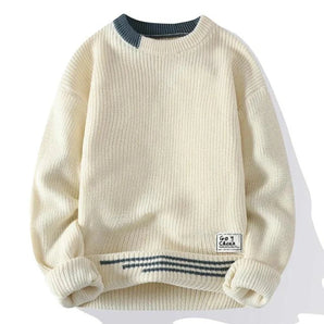 Men's beige ribbed knit pullover sweater made from organic cotton, featuring long sleeves and a round collar, shown in size 3XL.