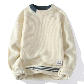 Men's beige ribbed knit pullover sweater made from organic cotton, featuring long sleeves and a round collar, shown in size 3XL.