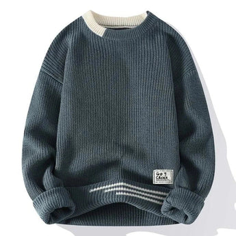 Men's gray ribbed knit pullover sweater made from organic cotton, featuring long sleeves and a cozy collar, designed in a 3XL size.