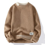 Men's brown ribbed knit pullover sweater made from organic cotton, featuring long sleeves and a classic collar design.
