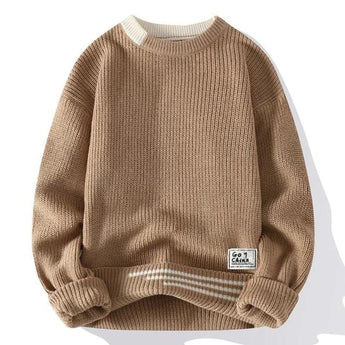 Men's brown ribbed knit pullover sweater made from organic cotton, featuring long sleeves and a classic collar design.