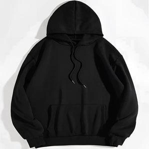 Men's oversized black hoodie with long sleeves, featuring a thick material suitable for winter streetwear. The hoodie includes a collar and a casual pullover style.