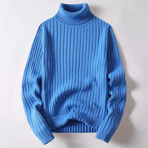 Men's oversized blue turtleneck ribbed knit sweater in 3XL size, featuring long sleeves, displayed against a plain white background.