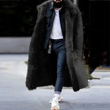 Men's oversized faux fur longline coat in black, featuring a luxurious and urban design with long sleeves, full-length coverage, and a plush fur texture, ideal for winterwear.