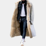 Men's oversized faux fur longline coat in beige and grey, featuring a collar and long sleeves, extending to knee length, ideal for winter urban fashion.