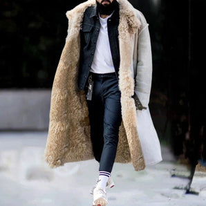 Men's oversized longline coat made of luxurious faux fur, featuring a stylish collar and full-length sleeves. The design emphasizes fashion-forward urban winterwear, ideal for snowy conditions.