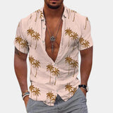 Men's beige Hawaiian style V-neck beach shirt with palm tree print, featuring short sleeves and a relaxed fit in size 3XL.
