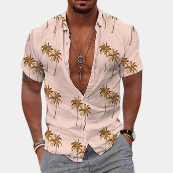 Men's beige Hawaiian style V-neck beach shirt with palm tree print, featuring short sleeves and a relaxed fit in size 3XL.