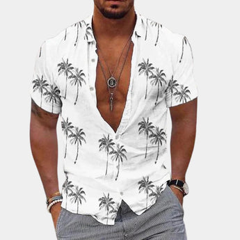 Men's beige Hawaiian style beach shirt with palm tree print, featuring a V-neck collar, short sleeves, and a relaxed fit suitable for beachwear.