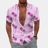 Men's palm tree print V-neck beach shirt in beige and rose Hawaiian style, shown in size 3XL, with visible arm, shoulder, neck, sleeve, waist, and chest areas.