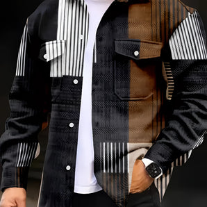 Men's black patchwork jacket with mixed patterns, contrast sleeves, and stylish urban design in size 3XL.