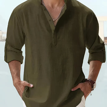 Men's pink linen Henley shirt, lightweight and breathable, featuring a front placket and long sleeves.