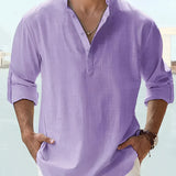 Men's Pink Linen Henley Shirt in Violet, 5XL, lightweight and breathable summer top with long sleeves and buttoned neck.