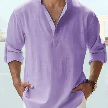 Men's Pink Linen Henley Shirt in Violet, 5XL, lightweight and breathable summer top with long sleeves and buttoned neck.