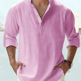 Men's pink linen Henley shirt in size 5XL, featuring a lightweight and breathable fabric, with long sleeves and a button-up neckline, designed for summer wear.