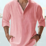 Men's Pink Linen Henley Shirt with long sleeves, lightweight and breathable, perfect for summer fashion.
