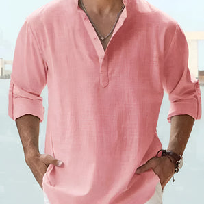 Men's Pink Linen Henley Shirt with long sleeves, lightweight and breathable, perfect for summer fashion.