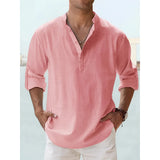 Men's pink linen Henley shirt with a collar and short sleeves, shown on a human body, highlighting its lightweight and breathable fabric, perfect for summer.