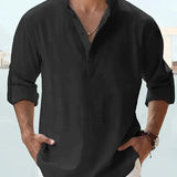 Men's Black Linen Henley Shirt in 5XL, showing shoulder and arm details, lightweight and breathable summer top.