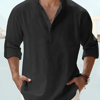 Men's Black Linen Henley Shirt in 5XL, showing shoulder and arm details, lightweight and breathable summer top.