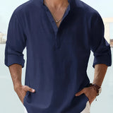 Men's pink linen Henley shirt with long sleeves, lightweight and breathable, perfect for summer, shown in 5XL size.