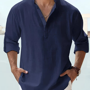 Men's pink linen Henley shirt with long sleeves, lightweight and breathable, perfect for summer, shown in 5XL size.