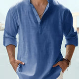 Men's pink linen Henley shirt, lightweight and breathable, modeled by a person showing the shoulder and arm details.
