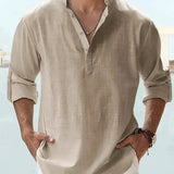 Man wearing a pink linen Henley shirt, lightweight and breathable, paired with khaki pants, showcasing the shoulder, sleeve, and neck details.