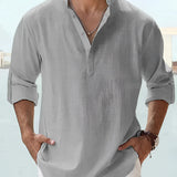 Men's pink linen Henley shirt being worn, showcasing lightweight and breathable fabric, with a focus on the shoulder, sleeve, and neck areas.