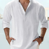 Man wearing a white 5XL linen Henley shirt with short sleeves and a watch on his wrist.