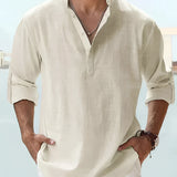 Men's Pink Linen Henley Shirt - Lightweight, Breathable Summer Top in Cream, 5XL, featuring a casual and comfortable design perfect for warm weather.