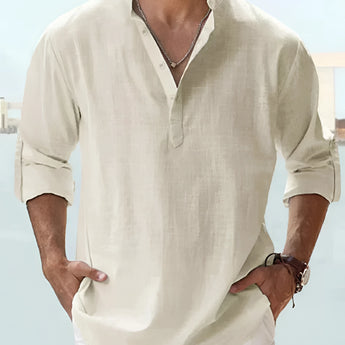 Men's Pink Linen Henley Shirt - Lightweight, Breathable Summer Top in Cream, 5XL, featuring a casual and comfortable design perfect for warm weather.