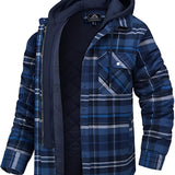 Men's navy blue plaid hooded lumberjack jacket with long sleeves, featuring a tartan pattern and collar, suitable for fall weather in size 5XL.