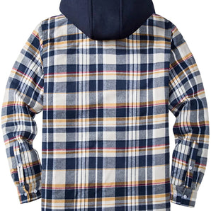 Men's navy blue lumberjack jacket with a hood, featuring a classic plaid pattern in blue, grey, and white. The jacket showcases a durable outerwear design with long sleeves and a button-up front, suitable for fall weather.