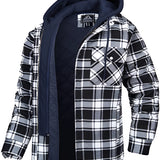 Men's plaid hooded lumberjack jacket in navy blue with a black and white checkered pattern, featuring long sleeves and a durable textile design suitable for fall outerwear.