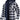 Men's plaid hooded lumberjack jacket in navy blue with a black and white checkered pattern, featuring long sleeves and a durable textile design suitable for fall outerwear.