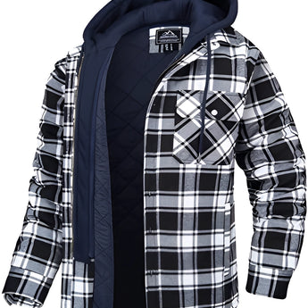 Men's plaid hooded lumberjack jacket in navy blue with a black and white checkered pattern, featuring long sleeves and a durable textile design suitable for fall outerwear.