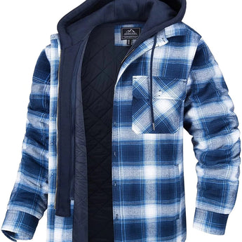 Men's navy blue plaid hooded lumberjack jacket, featuring a white and light blue tartan pattern, long sleeves, and a durable fall outerwear design, displayed against a casual setting.