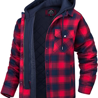 Men's red and black plaid hooded lumberjack jacket in size 5XL featuring a tartan pattern with a durable fabric suitable for fall, visible sleeves, and a collar.