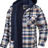 Men's plaid hooded lumberjack jacket in a navy blue and yellow color scheme, featuring tartan pattern with long sleeves, a collar, and a practical hood, ideal for fall weather.