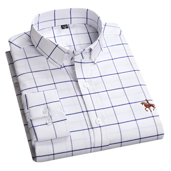 Men's premium blue plaid dress shirt with long sleeves and a button-down collar, shown in a white variant in size 3XL.