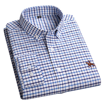 Men's premium blue plaid dress shirt featuring a button-down collar and long sleeves, in a 3XL size, with an electric blue and grey plaid pattern.