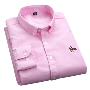 Men's long sleeve dress shirt in a pink plaid pattern with a button-down collar, displayed with a focus on the collar and buttons.