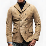 Men's premium double-breasted suede blazer in sand beige, featuring a classic design with a collar and long sleeves, suitable for formal occasions.