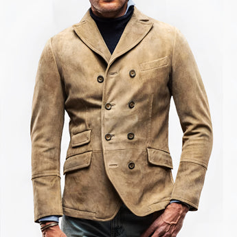 Men's premium double-breasted suede blazer in sand beige, featuring a classic design with a collar and long sleeves, suitable for formal occasions.