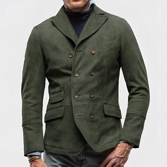 Men's premium double-breasted charcoal suede blazer in fir green, size 3XL, featuring a stylish collar and long sleeves, ideal for formal and semi-formal occasions.