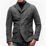 Men's premium double-breasted charcoal suede blazer in stone gray, featuring a classic collar, button detailing, and long sleeves, showcased in a 3XL size.