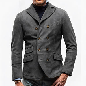 Men's premium double-breasted charcoal suede blazer in stone gray, featuring a classic collar, button detailing, and long sleeves, showcased in a 3XL size.