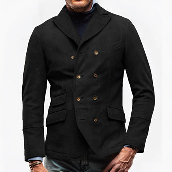 Men's black double-breasted charcoal suede blazer in 3XL size, featuring a classic collar, long sleeves, and a refined dress shirt visible underneath.