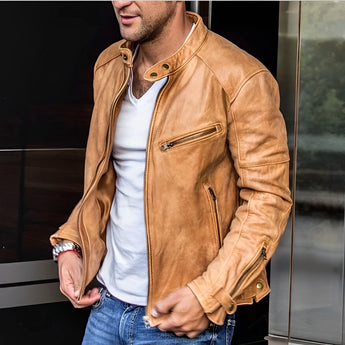 Men's Premium Slim Fit Motorcycle Leather Jacket in Beige, 5XL, with zippered front, worn by a bearded man wearing sunglasses and an orange dress shirt.